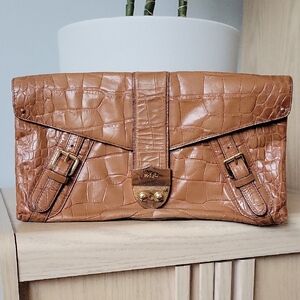 Vintage Lauren Ralph Lauren Brown Croc Embossed Leather Clutch w Locking Flap